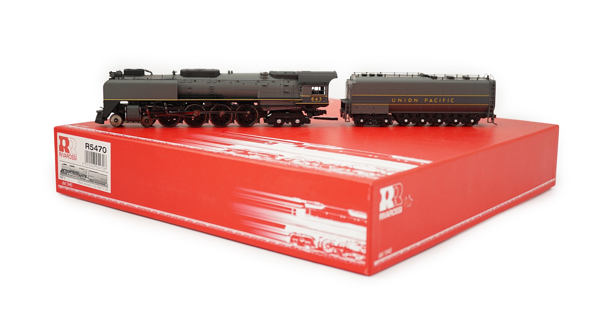 A boxed HO gauge Rivarossi (R5470) model of Union Pacific FEF3 843, 4-8-4 tender locomotive, powered for two rail operation.